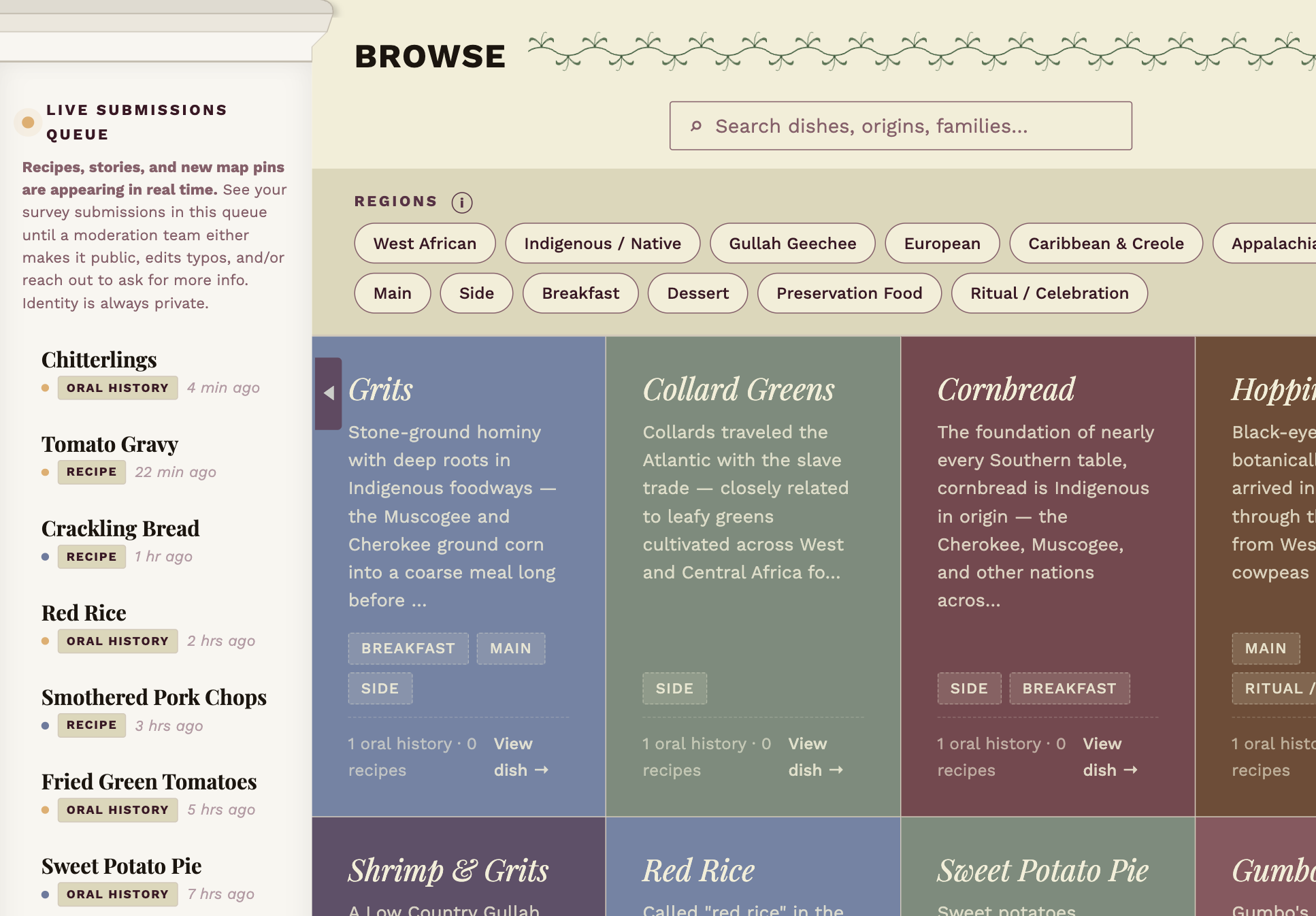 Browse view with search bar, region and type filters, and a grid of dish cards