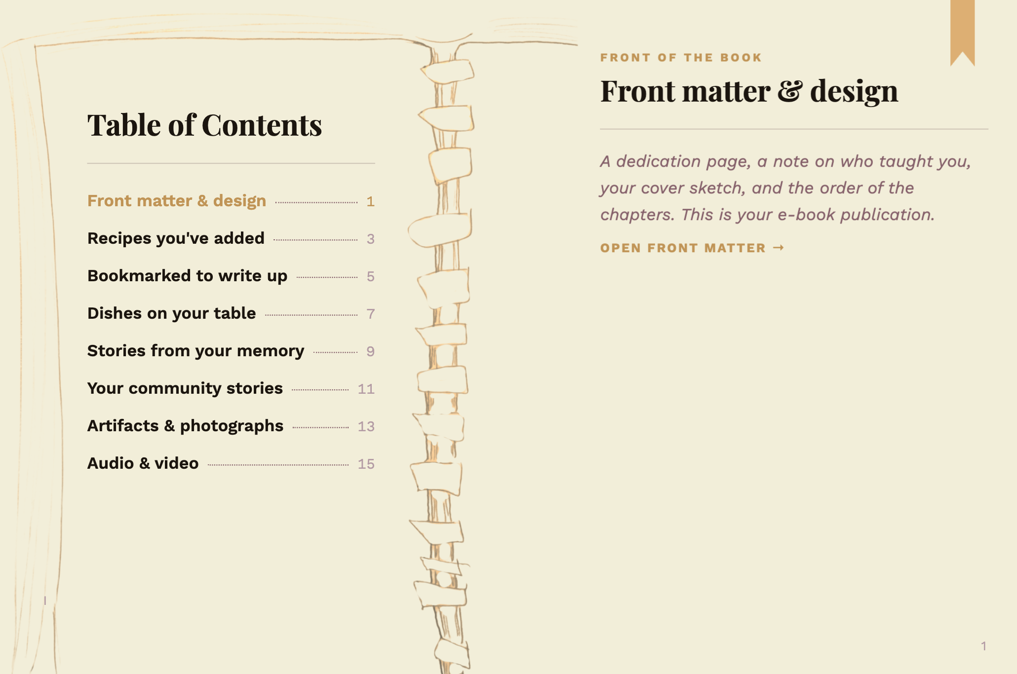 Cook's Book table of contents facing a front matter and design page