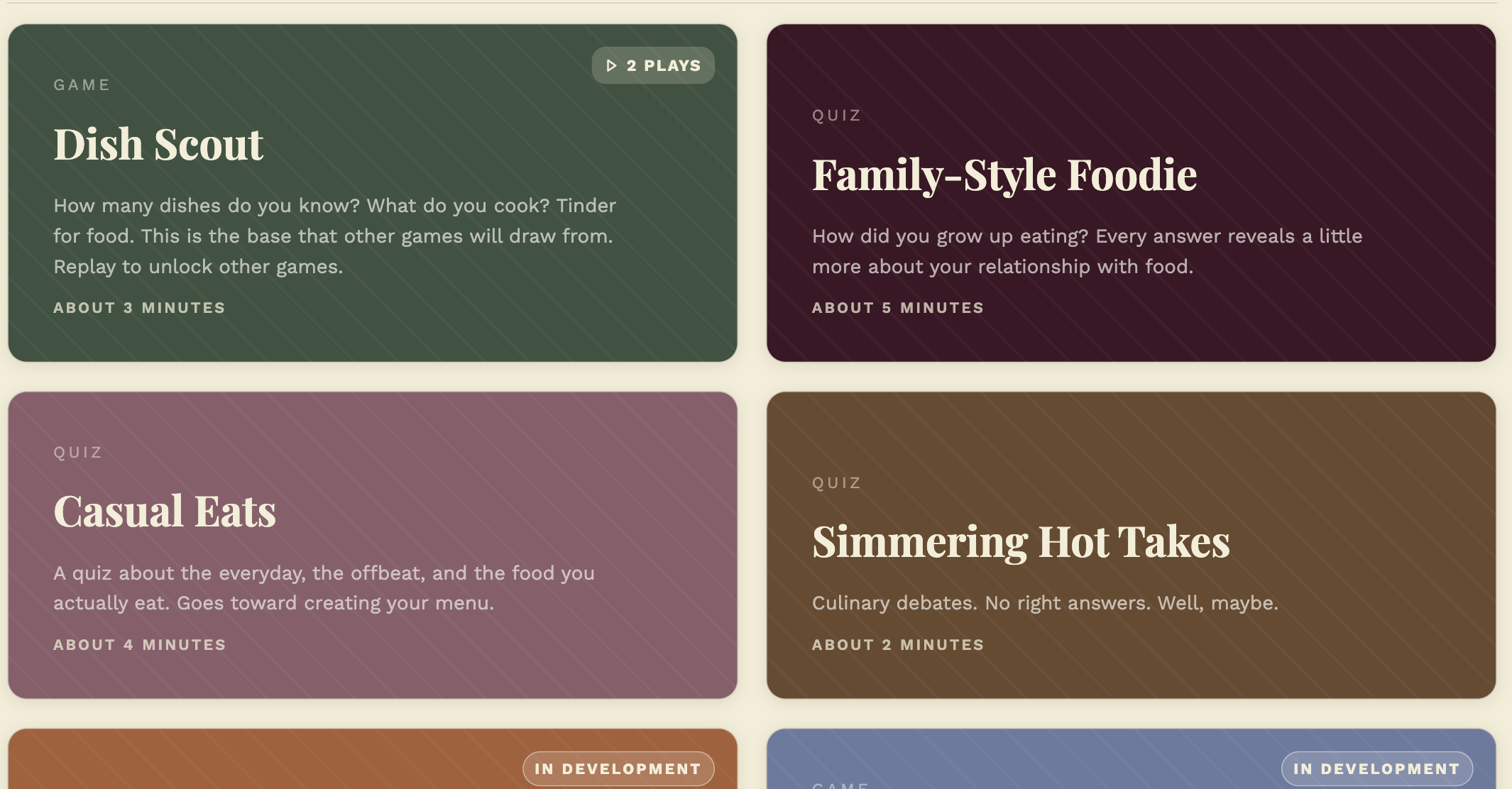 Games menu with Dish Scout, Family-Style Foodie, Casual Eats, and Simmering Hot Takes cards
