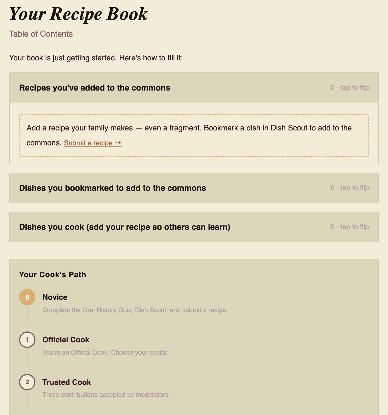 Your Recipe Book: table of contents, flip cards, and Cook's Path progression