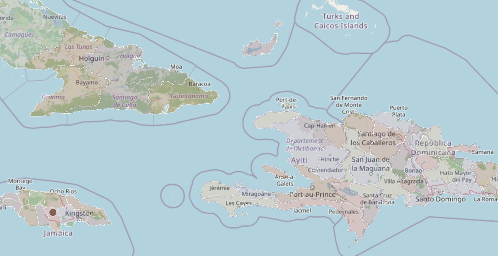 Map detail of Cuba, Haiti, Dominican Republic, and Jamaica