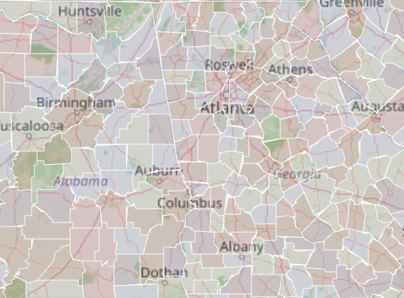 Map detail of Alabama and Georgia counties