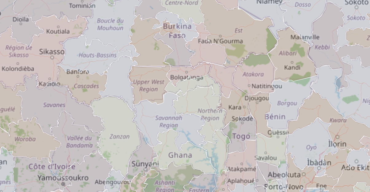 Map detail of Mali, Burkina Faso, Ghana, Togo, and Benin