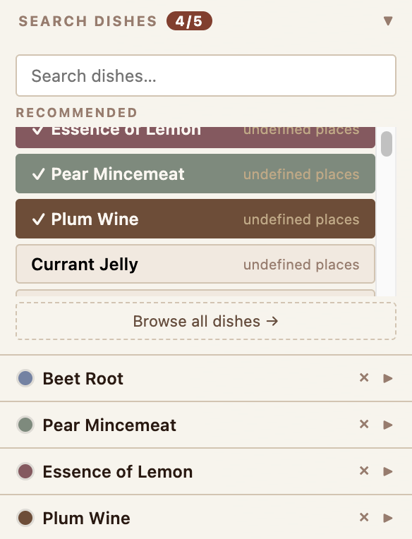 Search dishes panel with dish chips selected for comparison