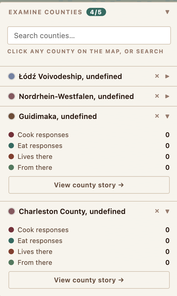 Region popup listing cook, eat, lives-there, and from-there response counts